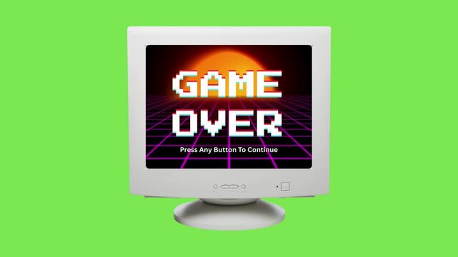Experience a blast from the past with this vibrant retro computer screen displaying a classic 'Game Over' message, evoking nostalgia for 80s and 90s gaming culture and digital aesthetics