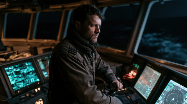 Cargo ship officer operating navigation controls on the bridge during a night watch at sea