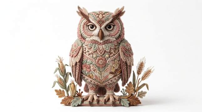 Vintage felt owl needlework sculpture with autumn harvest wheat and corn
