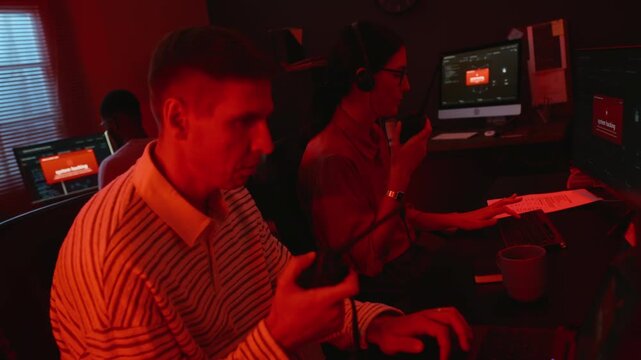 Young adult Caucasian cybersecurity operators responding to network attack with walkie talkies. Suitable for tech advertising, software crisis management, and data protection marketing campaigns