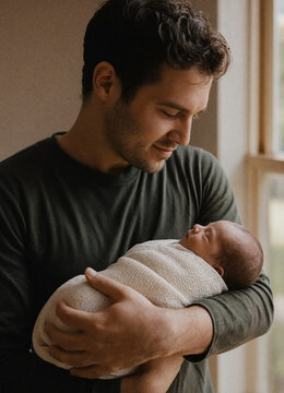 Young man gently holds a sleeping newborn wrapped in a blanket indoors near a window. Tender family care and new parenthood concept.