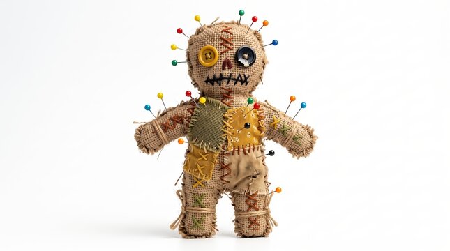 Halloween voodoo doll with colorful sewing pins on a white background