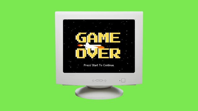 Vintage computer monitor displaying a pixelated 'Game Over' message, evoking retro gaming nostalgia and vintage digital experiences, presenting a unique visual concept