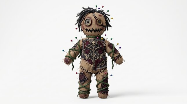 Halloween voodoo doll with colorful pins isolated on a white background
