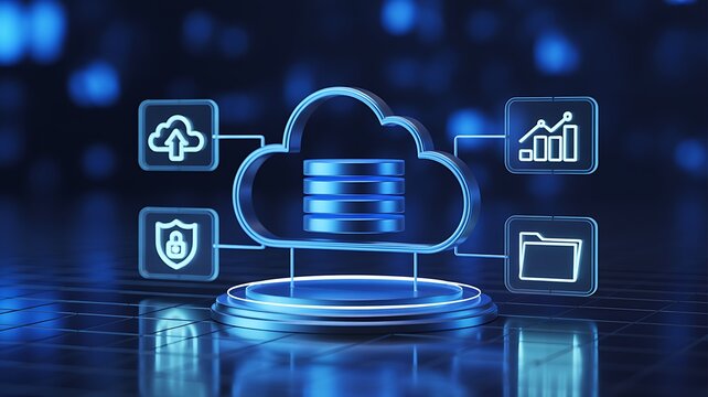 Cloud storage database with connected digital icons for data security and analytics on a blue bokeh background