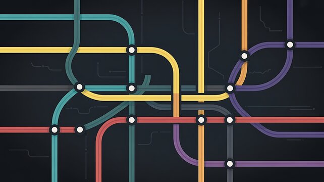 Colorful transit lines intersecting against a dark background creating a complex network system with white nodes