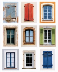 Obraz premium Collage of colorful windows and shutters on white grid background for architecture design travel editorial and facade study