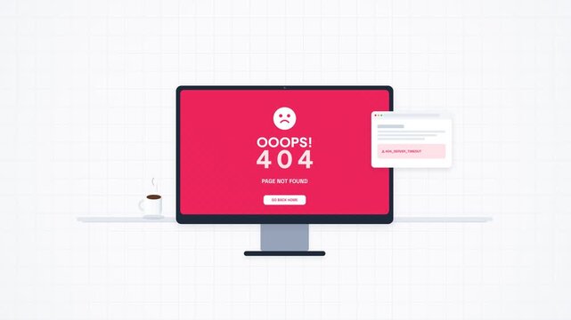 Computer monitor displaying 404 page not found error message on screen with a coffee cup on minimalist workspace desk
