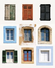 Obraz premium Collection of vintage rustic window frames with peeling plaster facades for design, poster, background emphasizing textured stone and stucco details