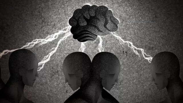 human silhouettes connected to the collective unconscious through a giant brain