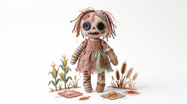Halloween rag doll with button eyes standing on white background