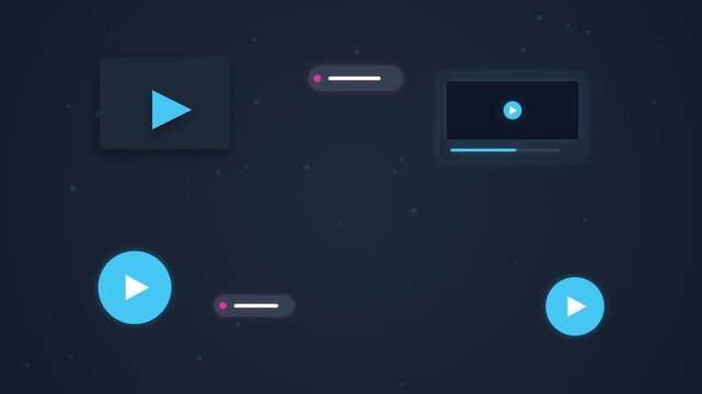 Video player interface icons set with progress bars and play buttons in flat vector style on dark background