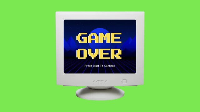 A nostalgic pixelated 'Game Over' message vividly displayed on a classic retro computer monitor, evoking vintage arcade aesthetics and the conclusive end of an electronic gaming session