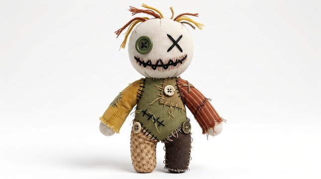Halloween voodoo doll made of fabric patches isolated on white background