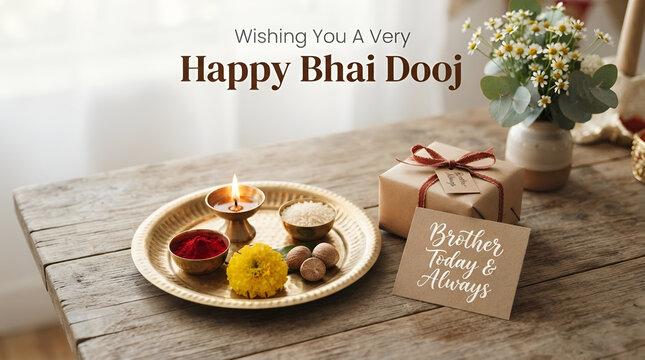 Beautiful festive greeting card for bhai dooj celebration with traditional brass puja thali gift box and marigold