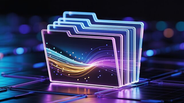 Digital data folders glowing with futuristic light streams against a dark blurred technology background