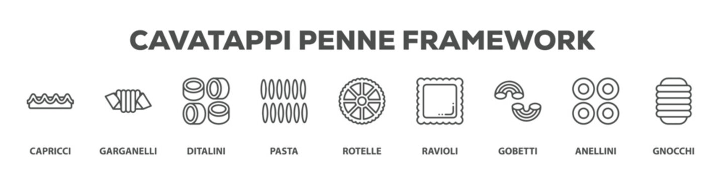Cavatappi Penne Framework with icon of Capricci, Garganelli, Ditalini, Pasta, Rotelle, Ravioli, Gobetti, Anellini, Gnocchi