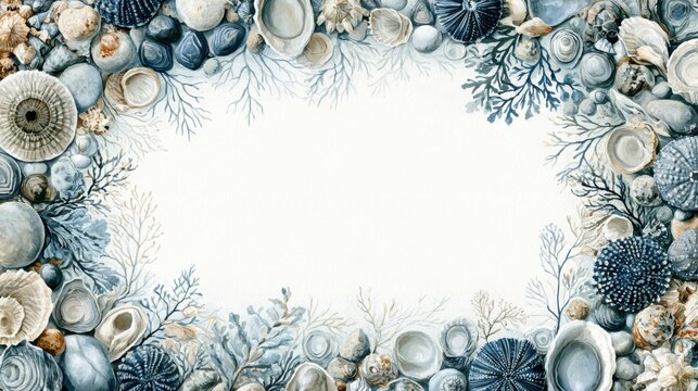 Watercolor seashell frame with coastal coral and pebble border for design, card, poster, background