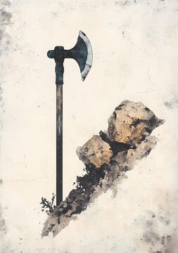 Rustic axe embedded in rough terrain with weathered rocks creating a natural outdoor cutting tool aesthetic in grunge style