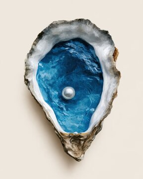 Ocean geode oyster shell with blue water interior and pearl luxury still life for design poster card background