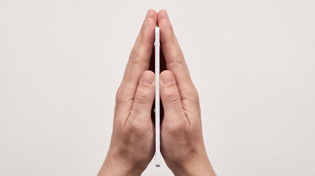 Business card mockup held between hands in namaste gesture