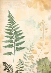 Fototapeta premium Watercolor botanical illustration featuring green ferns and soft foliage on a vintage textured background