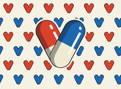 Retro pop art red and blue capsules in heart shape with halftone