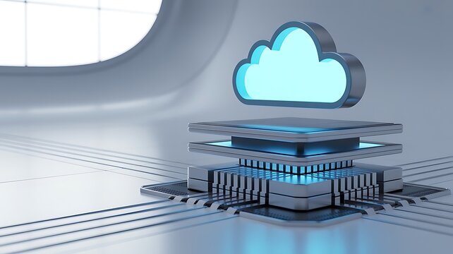 Futuristic cloud computing symbol on circuit board with glowing processors in modern digital environment