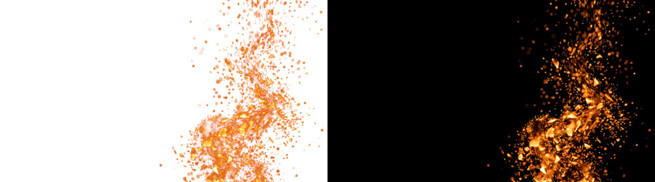 Fire sparks with molten orange embers and glowing fragments for overlays in PNG, Transparent and Black Background Versions
