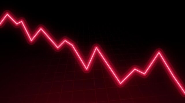 Glowing red neon line chart going down against a dark background, representing financial market crash or economic crisis