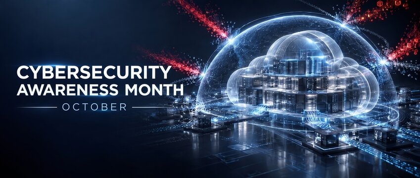 Cybersecurity Awareness Month October banner. Glowing energy dome shielding a futuristic digital server city from red cyber attacks. Cloud computing and data protection IT concept.
