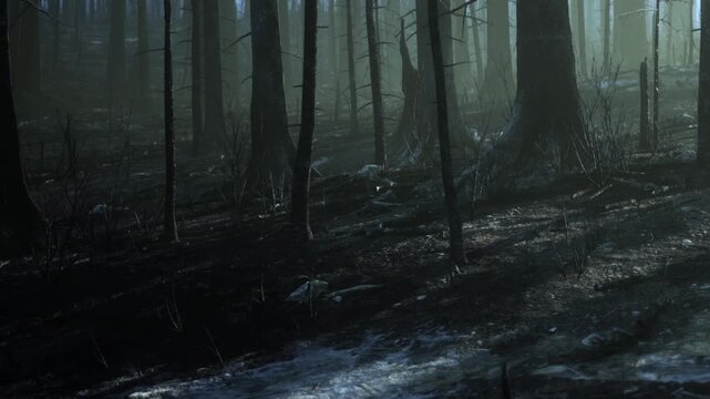 A hauntingly beautiful forest stands after a wildfire, with blackened trees and soft light filtering through the branches. Nature begins to reclaim the land with understated grace and strength.