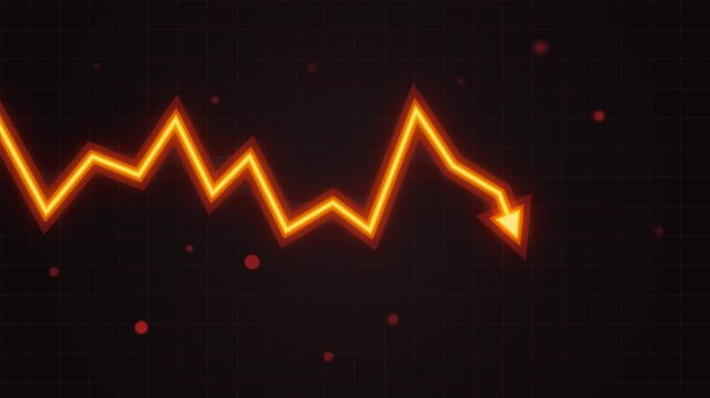 Glowing orange financial market graph showing a downward trend with a neon arrow representing economic crisis, losses, and stock market crash