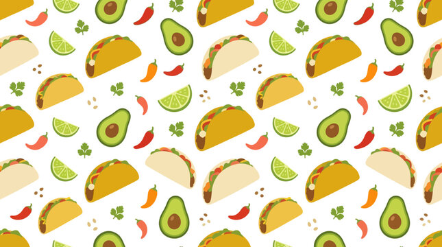 Mexican Food Pattern: Tacos, Avocados, Limes, and Chilies on White