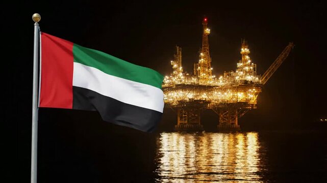 Bandeira Nacional dos Emirados &Aacute;rabes Unidos Tremulando com Plataforma de Petr&oacute;leo Offshore no Oceano &agrave; Noite. Gerado por IA.