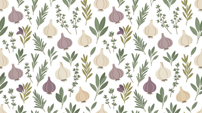 Seamless Pattern of Garlic and Herbs - Kitchen Decor, Food Background