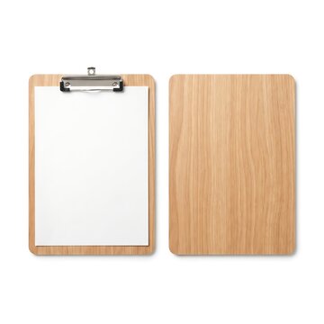 Wooden Clipboard Mockup with Blank White Paper Sheet and Natural Wood Backside Texture Isolated on White Background