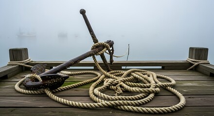 Fototapeta premium A rusted iron anchor with coiled rope resting on a weathered wooden pier in fog