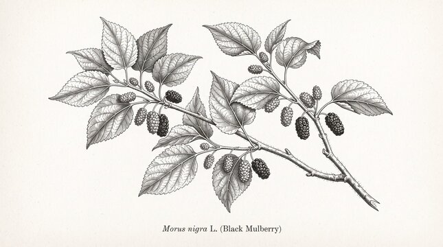 Botanical engraving illustration of a black mulberry branch with fruit