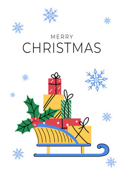 Merry Christmas greeting card vector with sleigh and gifts isolated on white background