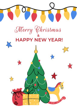Merry Christmas greeting card vector with tree gifts and garland isolated on white background