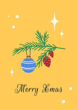 Merry Xmas greeting card vector with fir branch and bauble on yellow background