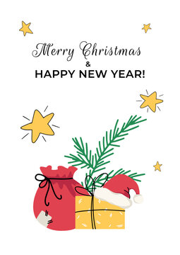 Merry Xmas greeting card vector with fir branch and bauble on yellow background