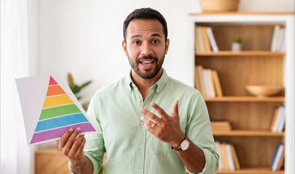 Man explaining colorful pyramid chart in modern office setting, for business presentation or educational content.