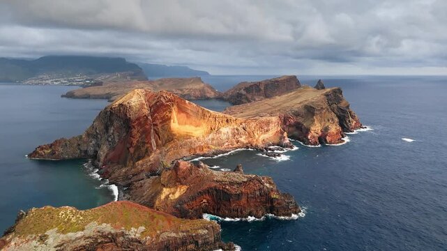 Rocky peninsula of Ponta de Sao Lourenco aerial footage with Madeira coastline, Portugal. Island travel destination and natural landmark