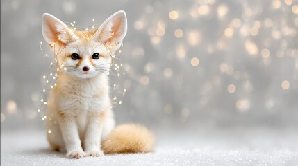 Fototapeta premium Adorable fennec fox with fairy lights on soft blanket and glittering background
