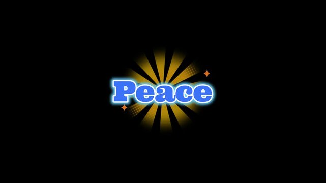 Three repeating peace text emblems featuring glowing gold sunburst patterns set against a deep black background for modern motion graphic design projects