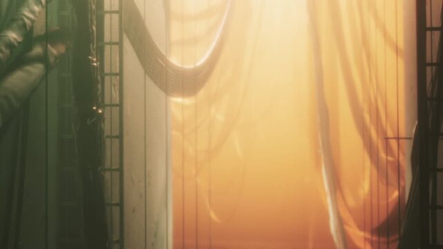 Soft light pours through an elegantly draped doorway, casting warm hues across the scene. Shadows dance, creating an enchanting atmosphere as night approaches.