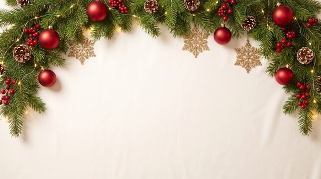 Elegante fondo navide&ntilde;o con ramas de pino, bolas rojas, bayas, pi&ntilde;as y luces c&aacute;lidas, dejando un amplio espacio central para publicidad, felicitaciones y promociones.