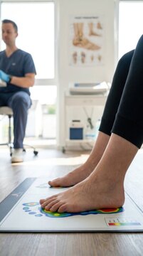 Podiatry pressure assessment: flat foot, orthopedic clinic, patient posture, sole diagnosis, medical scan, baropodometry test, health check, human body.